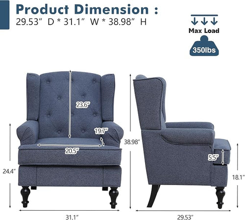 Accent Chair Set of 2, Mid Century Modern Fabric Wingback Chair, Upholstered - Image 2