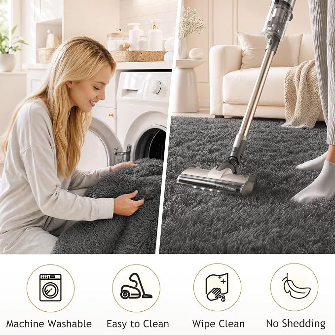 Ophanie Area Rugs for Living Room Bedroom, Washable Non-Slip Fluffy Soft Grey - Image 4