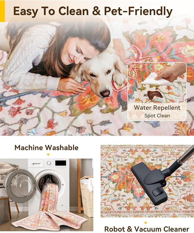 RELEANY Area Rugs 3'x4' Washable Non-Slip, Floral Vintage Distress Print - Image 3